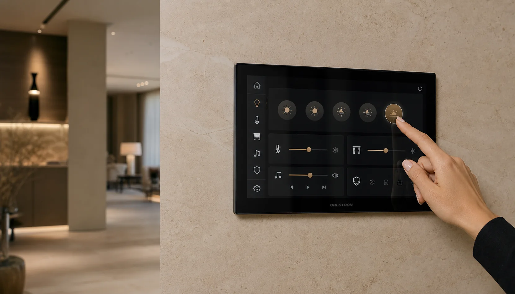 Concept image of a Crestron touch screen controlling a luxury home
