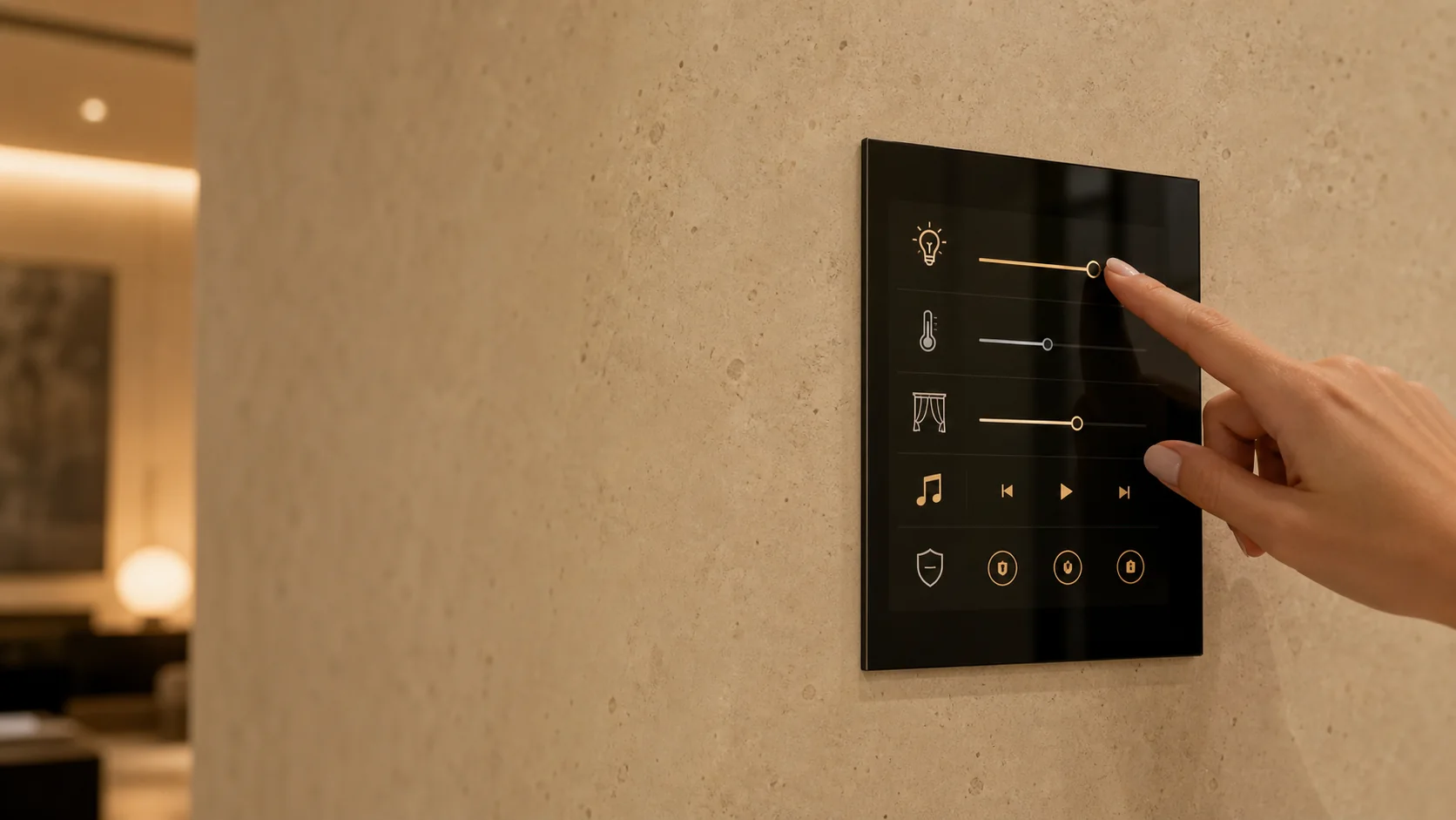Concept image of a premium whole-home touch panel embedded in limestone